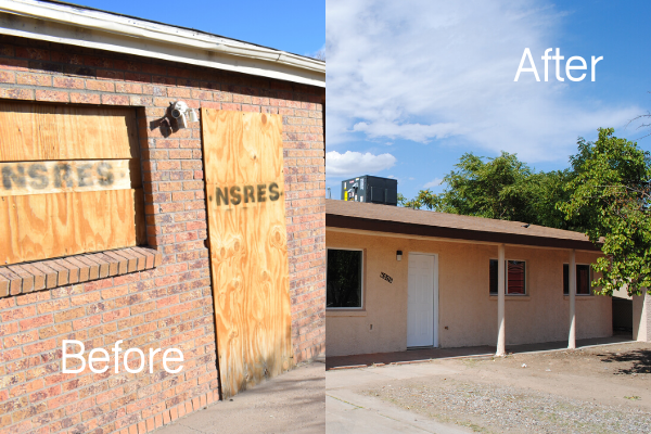 antes y después de la renovación de la vivienda, barrio de Alamosa en Albuquerque